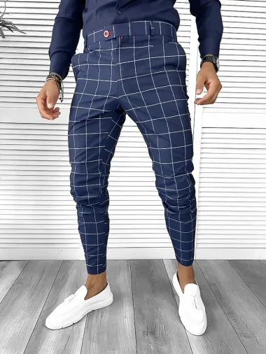 Pantaloni barbati casual regular fit bleumarin in carouri B7880 F1-2.2